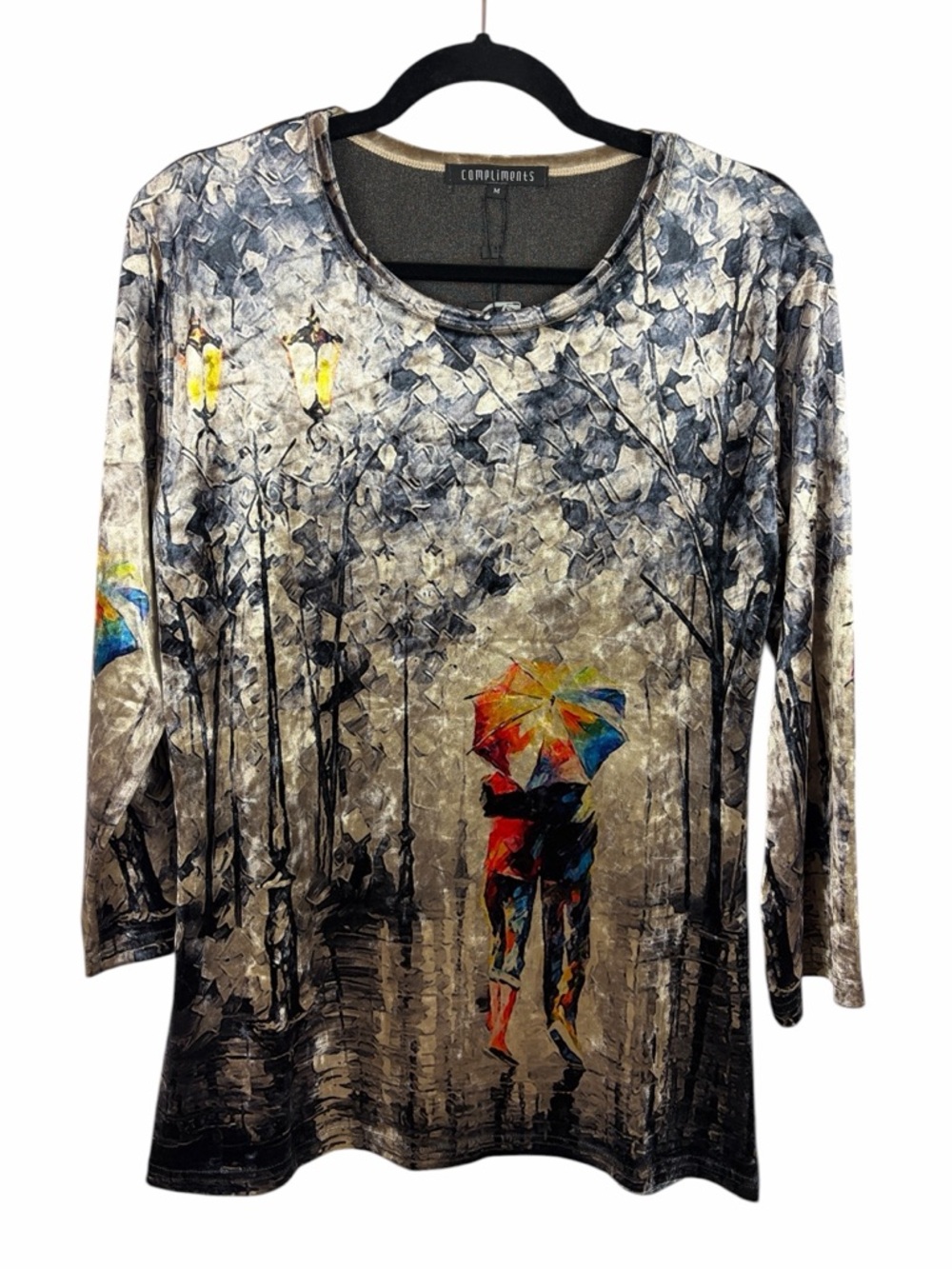 Compliments Artistic Rain Scene Top Medium Multicolor Umbrella Print NWT